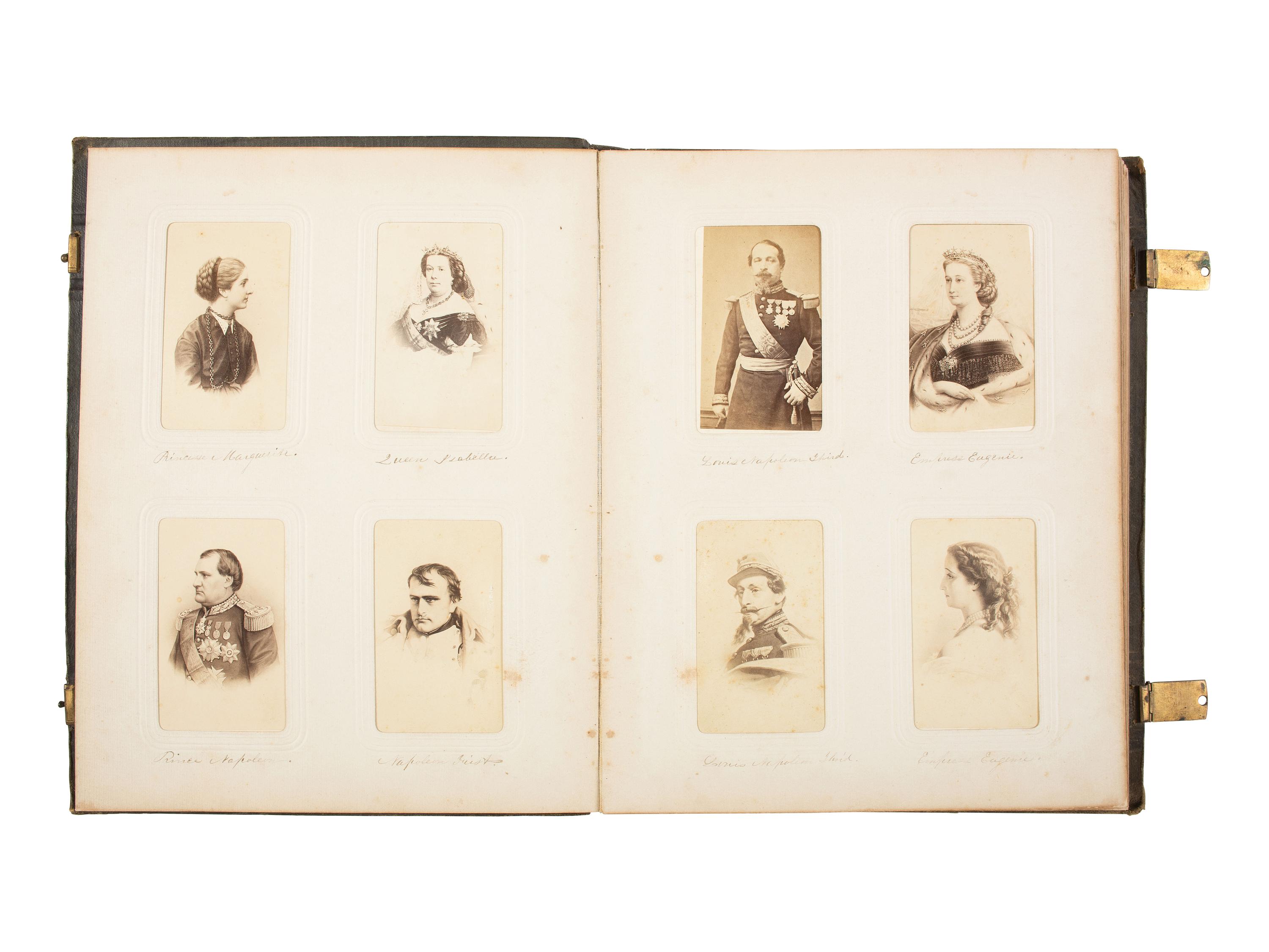 [EARLY PHOTOG.] CDV album of European and American notables, incl. royalty, statesmen, and authors.