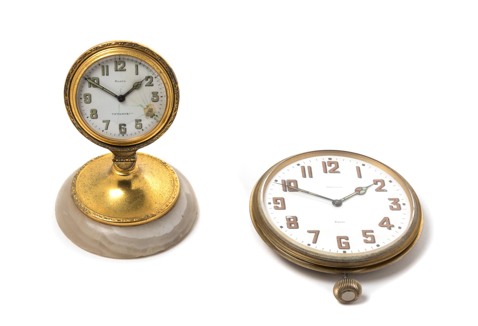 Two American Gilt Metal Desk Clocks Diameter of largest 3 3/4 inches. — TIFFANY & CO.