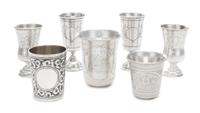 A Group of Seven Russian Silver Drinking Articles, Various Makers, Late 19th/Early 20th Century, comprising four cordials and three bea