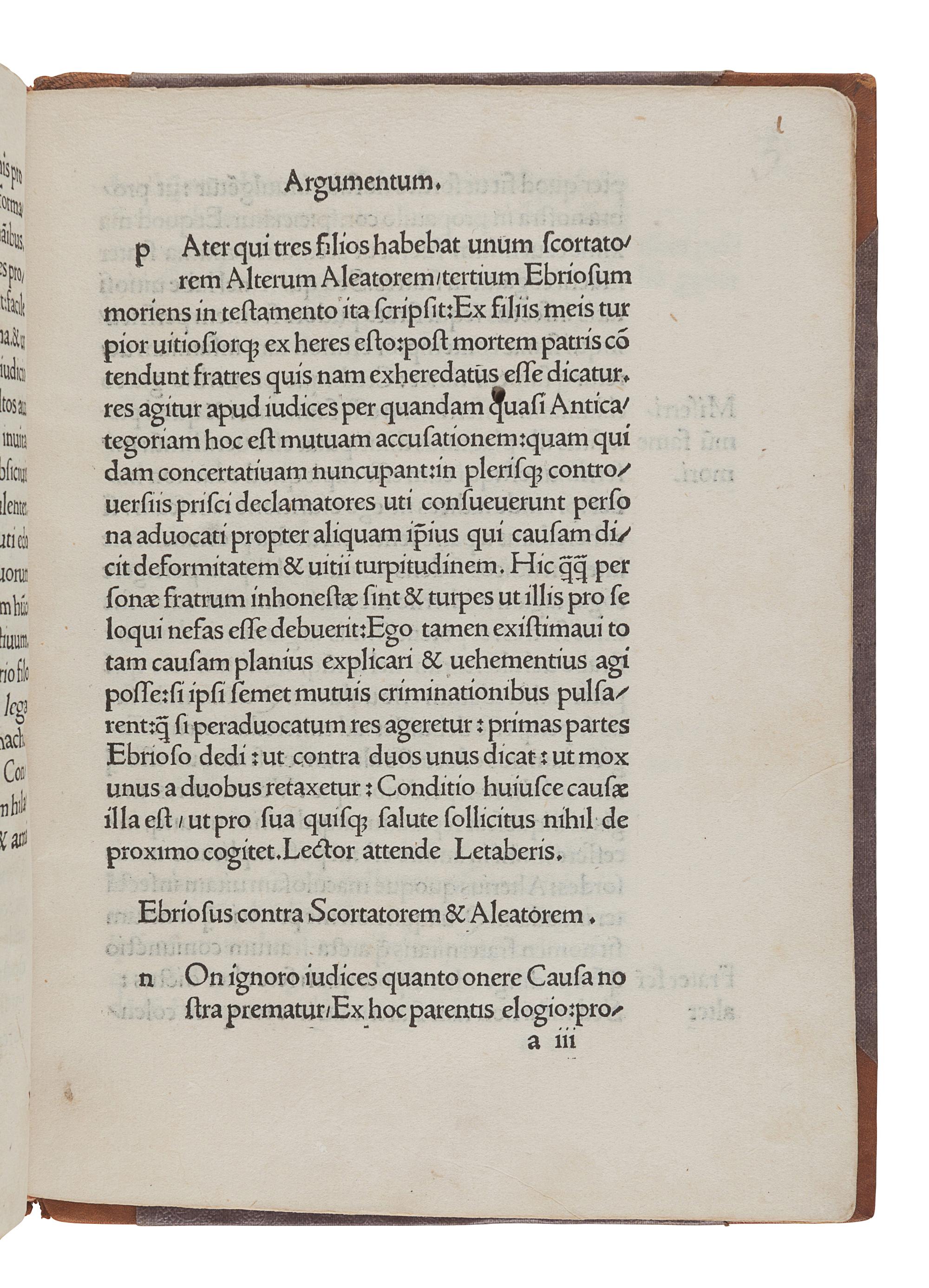 BEROALDUS, Philippus (1453-1505). Declamatio ebriosi, scortatoris et aleatoris . Bologna: Benedictus Hectoris, 1499.