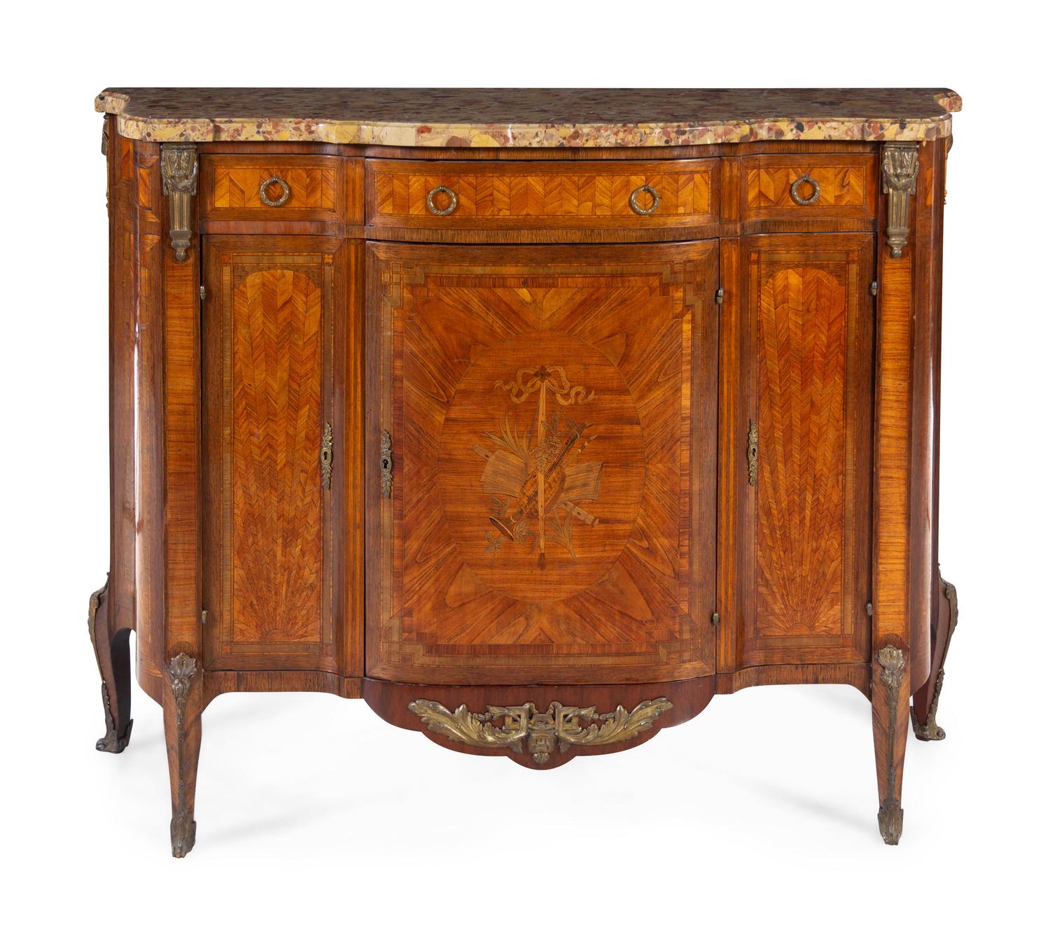 A Louis XV/XVI Transitional Style Parquetry and Marquetry Brèche d'Alep Marble-Top Cabinet