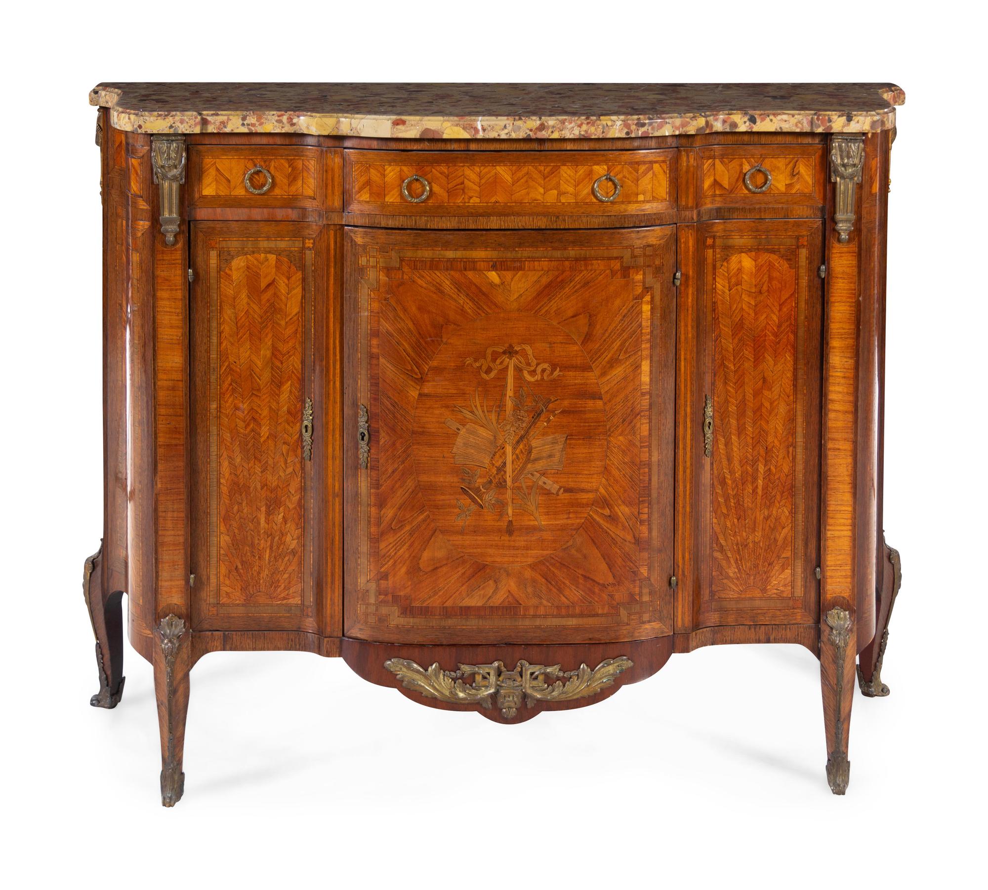 A Louis XV/XVI Transitional Style Parquetry and Marquetry Brèche d'Alep Marble-Top Cabinet