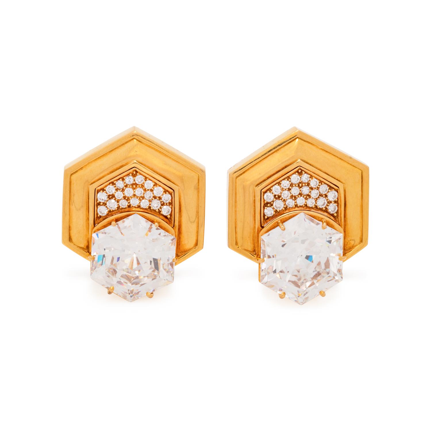ANDREW CLUNN, YELLOW GOLD, DIAMOND AND CUBIC ZIRCONIA EARCLIPS