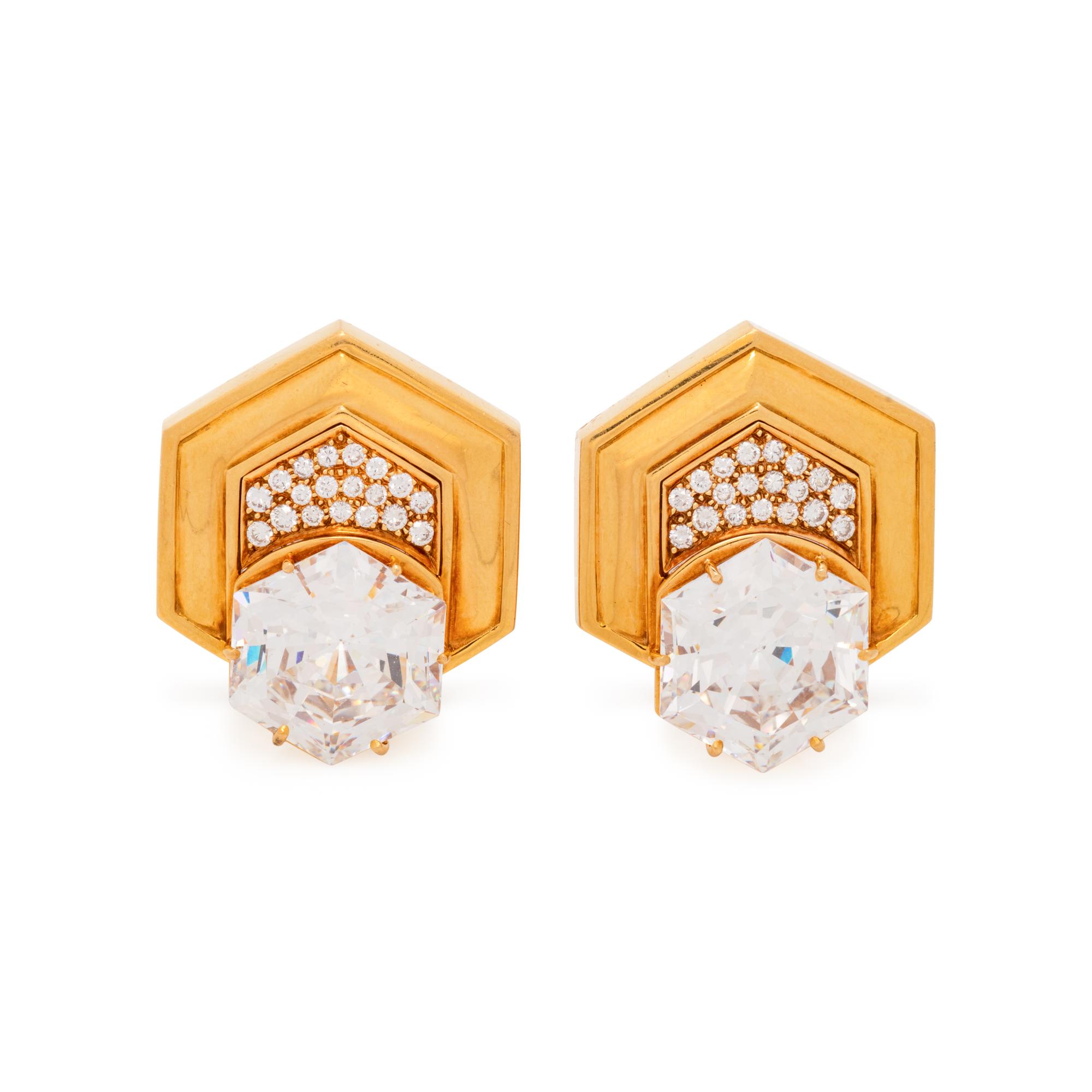 ANDREW CLUNN, YELLOW GOLD, DIAMOND AND CUBIC ZIRCONIA EARCLIPS