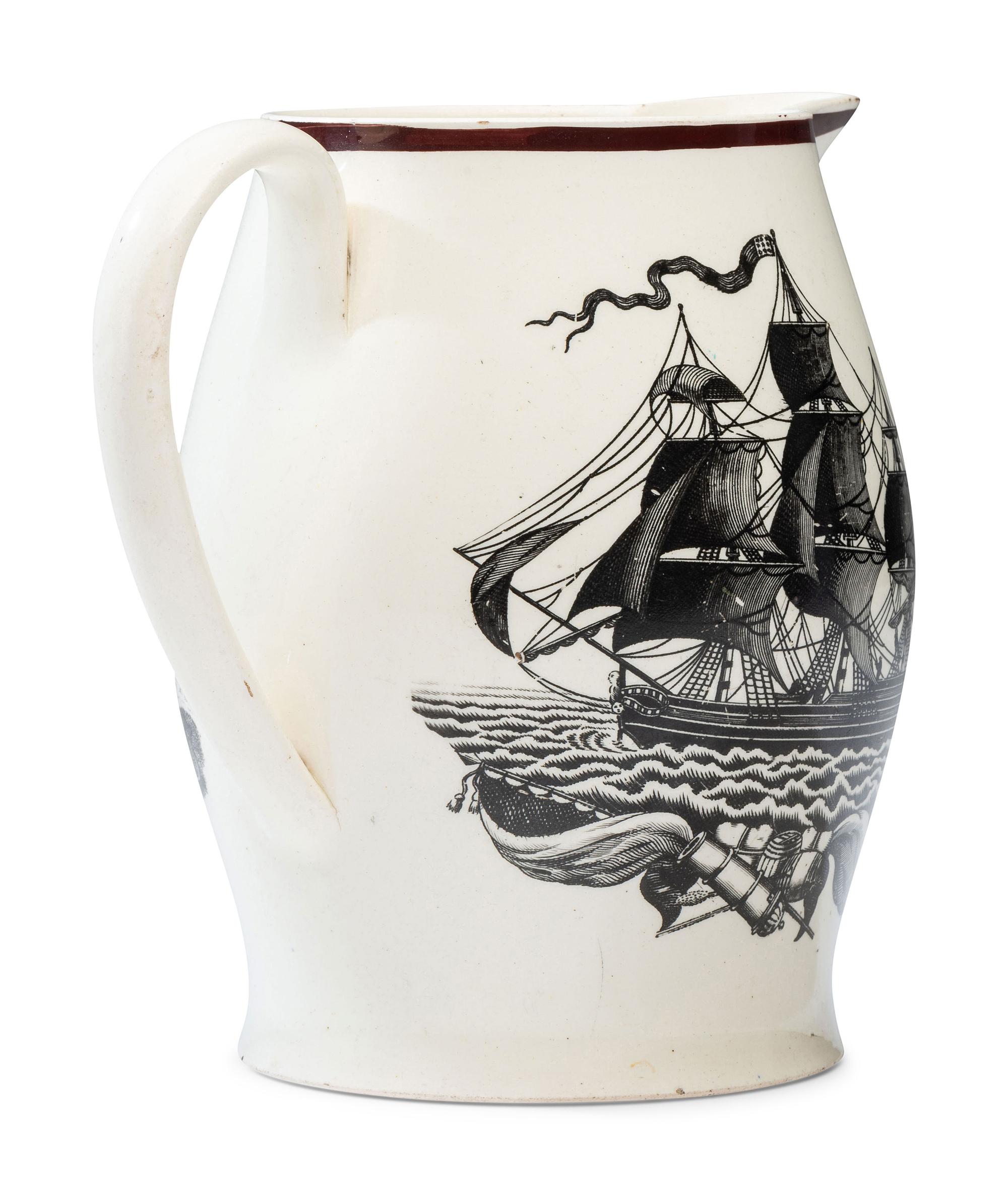 A Liverpool Creamware 'Farmer's Arms' Portrait Pitcher