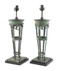 A Pair of Patinated Cast Metal Athéniennes Mounted as Lamps