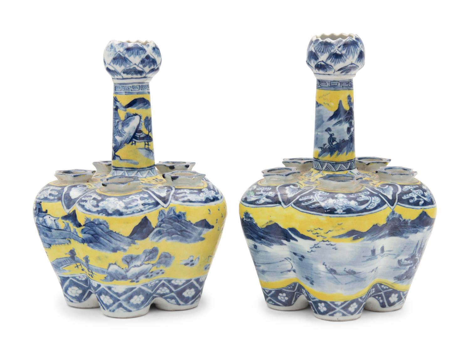 A Pair of Chinese Export Yellow Ground Underglaze Blue Tulip Vases