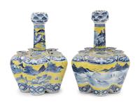 A Pair of Chinese Export Yellow Ground Underglaze Blue Tulip Vases