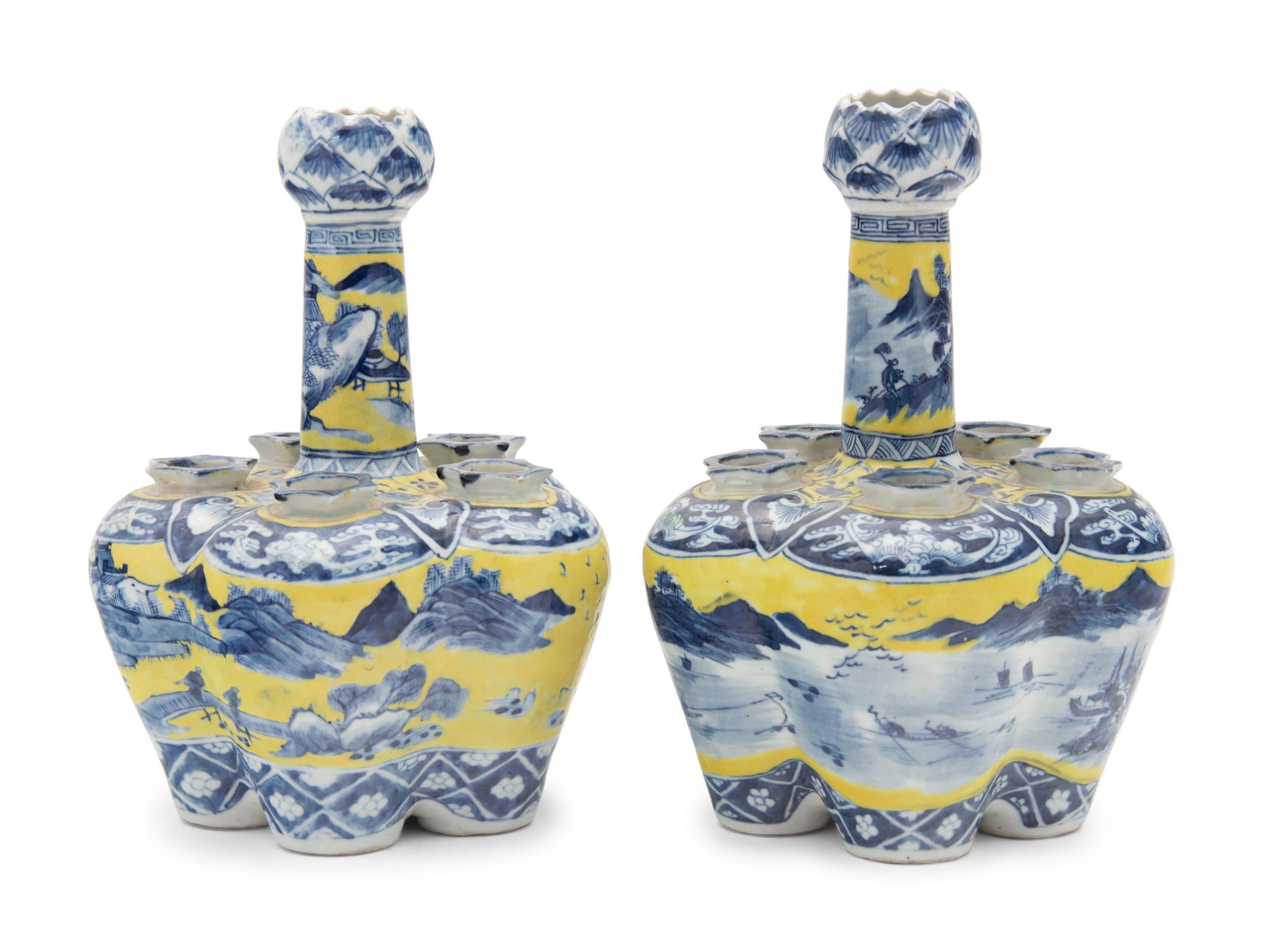 A Pair of Chinese Export Yellow Ground Underglaze Blue Tulip Vases