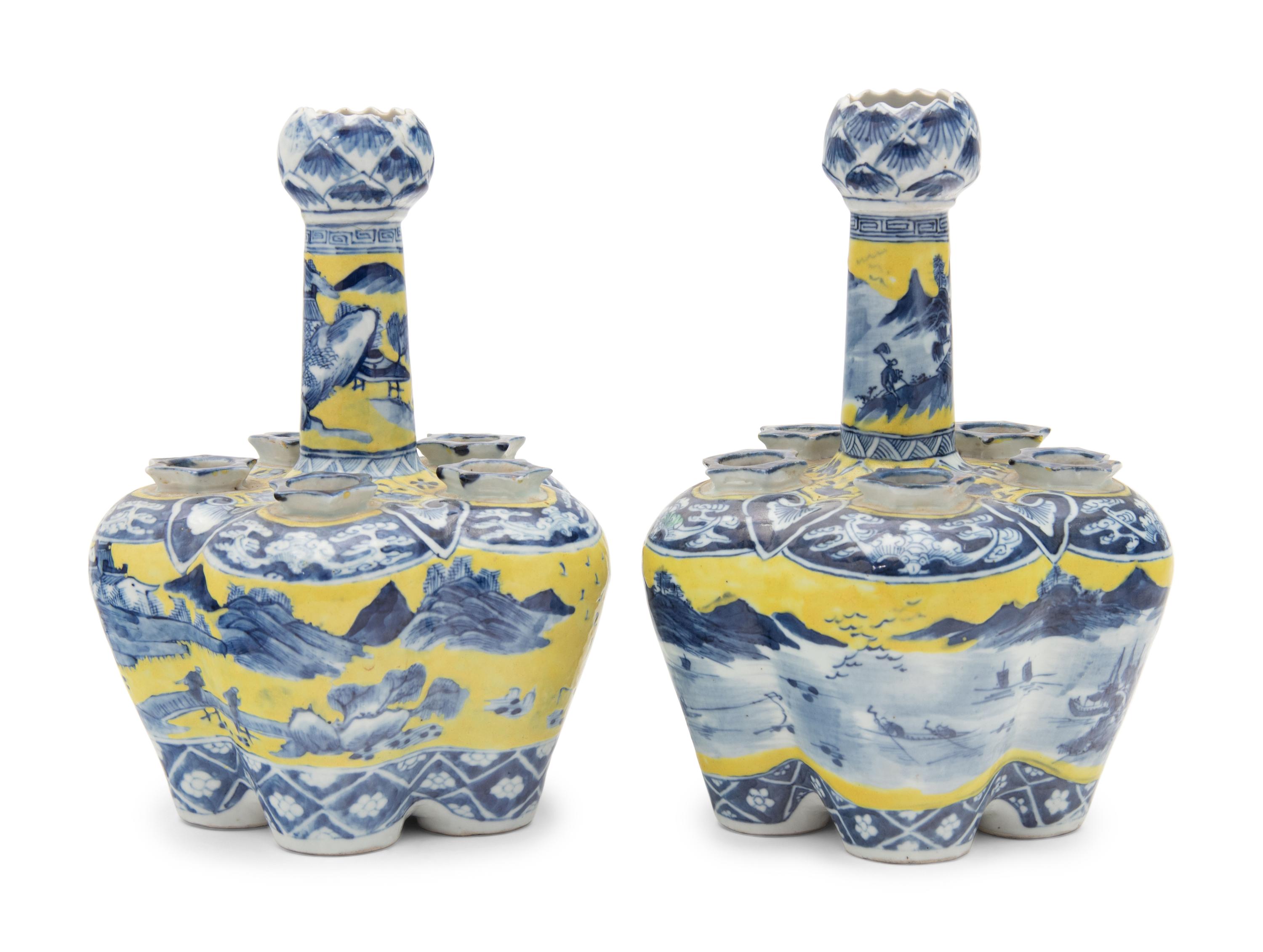 A Pair of Chinese Export Yellow Ground Underglaze Blue Tulip Vases