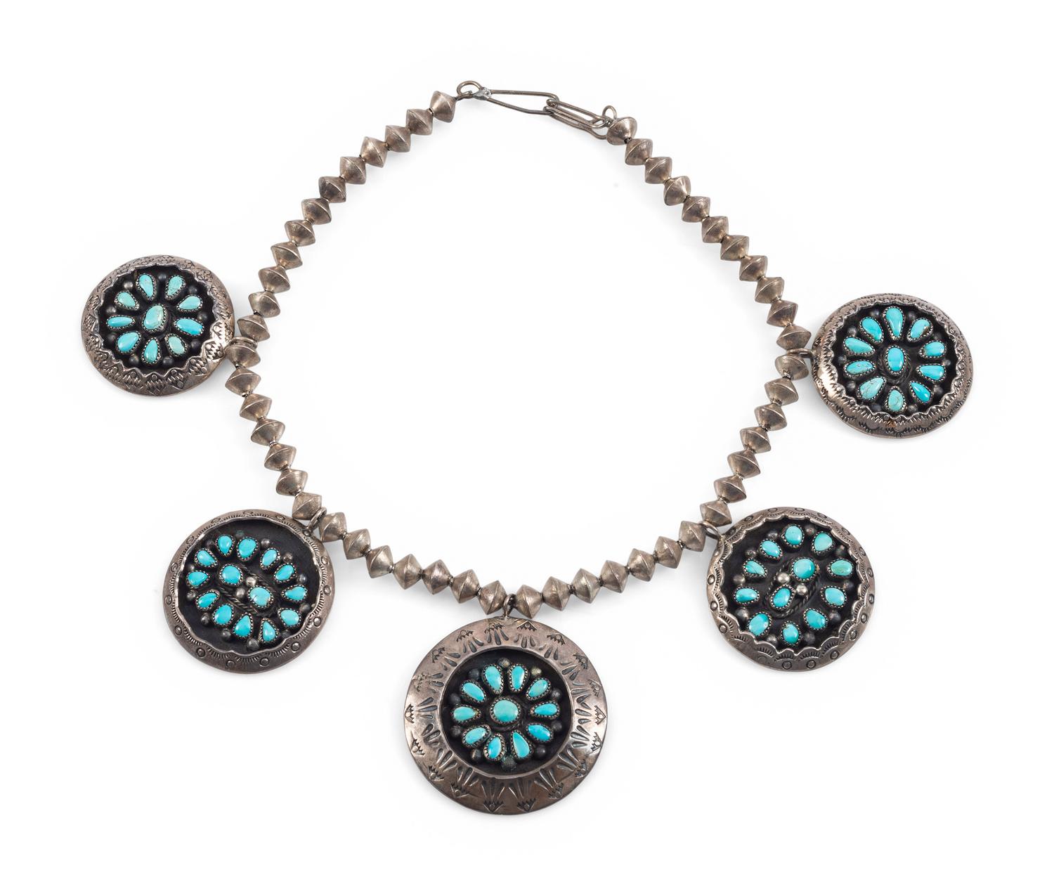 Navajo Silver and Turquoise Cluster Necklace
