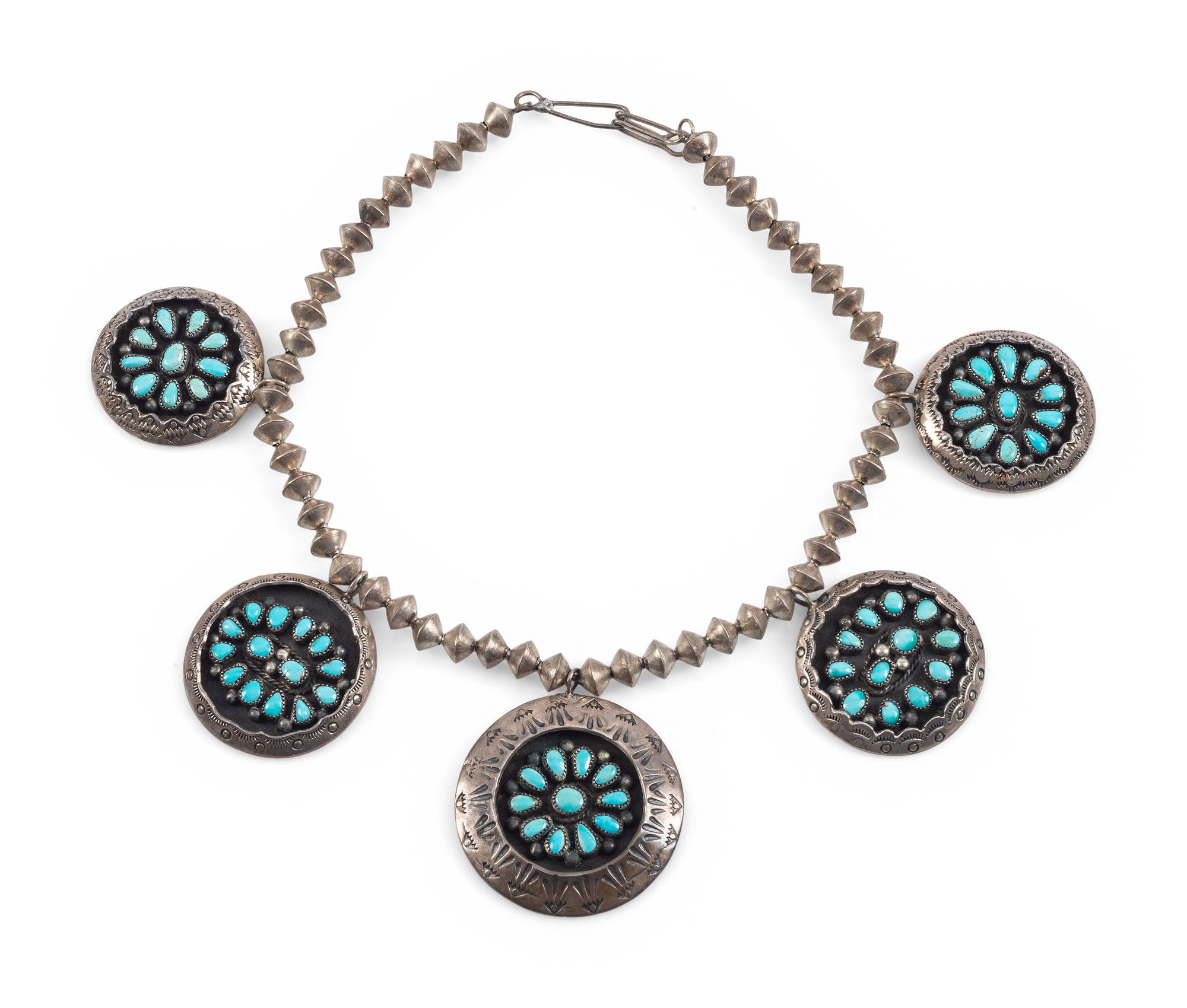 Navajo Silver and Turquoise Cluster Necklace