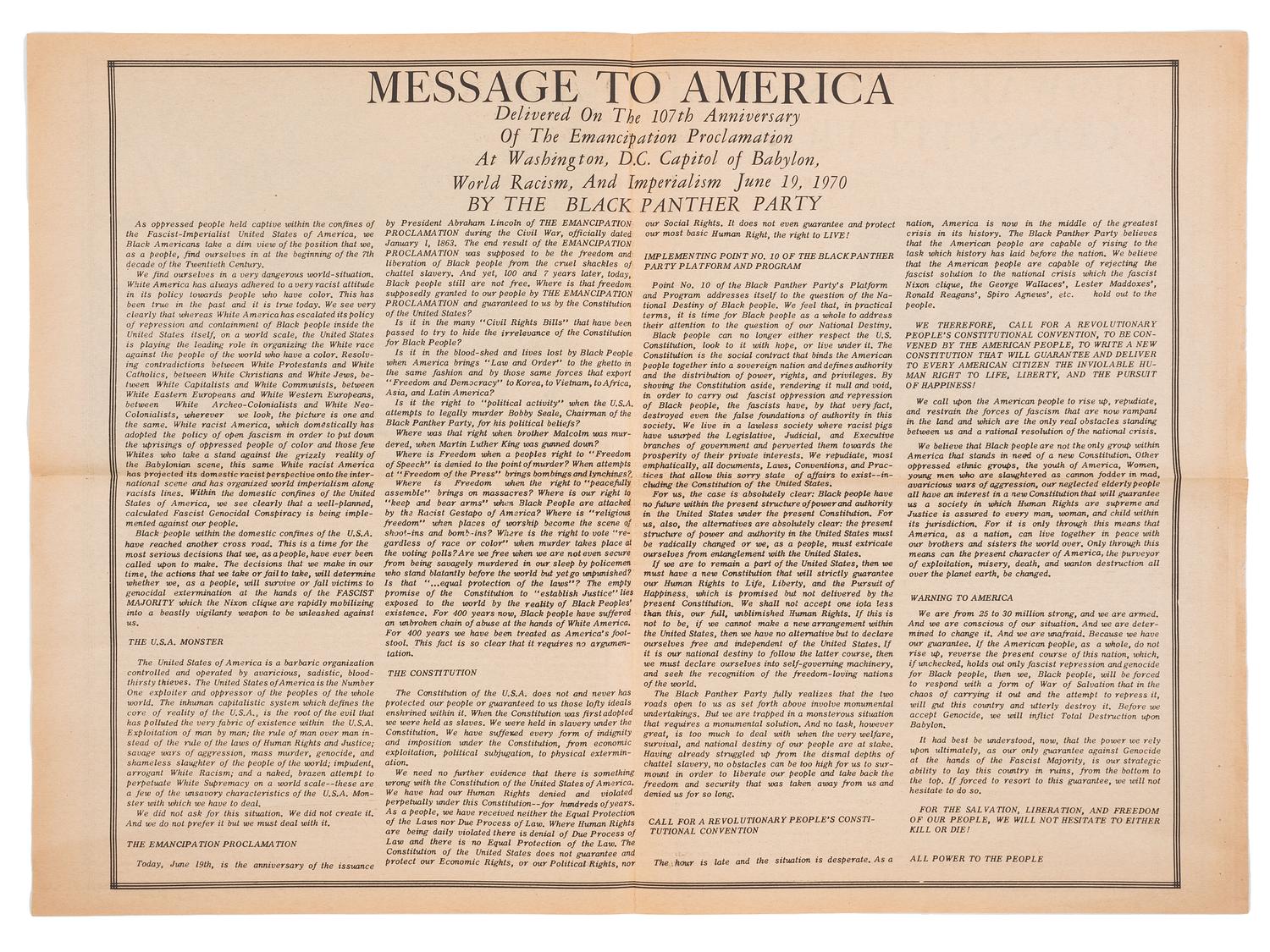 [BLACK PANTHER PARTY]. Tabloid sheet containing manifestos by Eldridge Cleaver and Huey P. Newton. Oakland, CA: Black Panther Party, 1970.