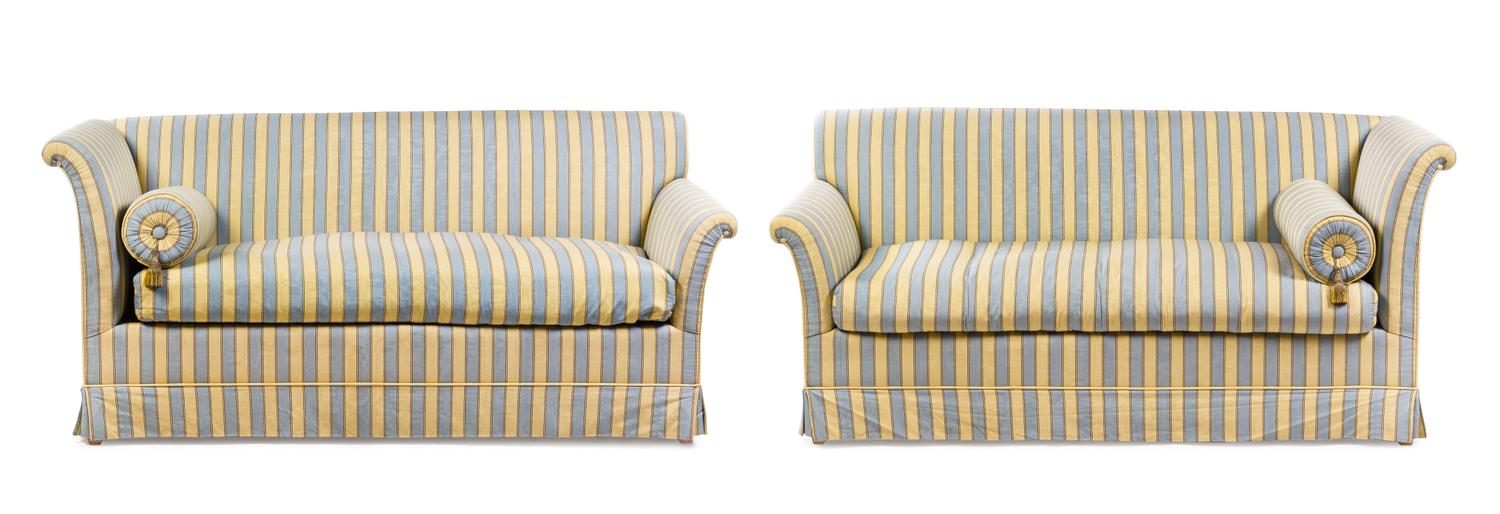 A Pair of Custom Upholstered Sofas Height 31 1/2 x width 69 x depth 30 1/2 inches. — 20TH CENTURY