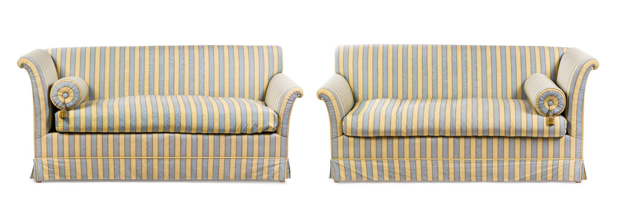 A Pair of Custom Upholstered Sofas Height 31 1/2 x width 69 x depth 30 1/2 inches. — 20TH CENTURY