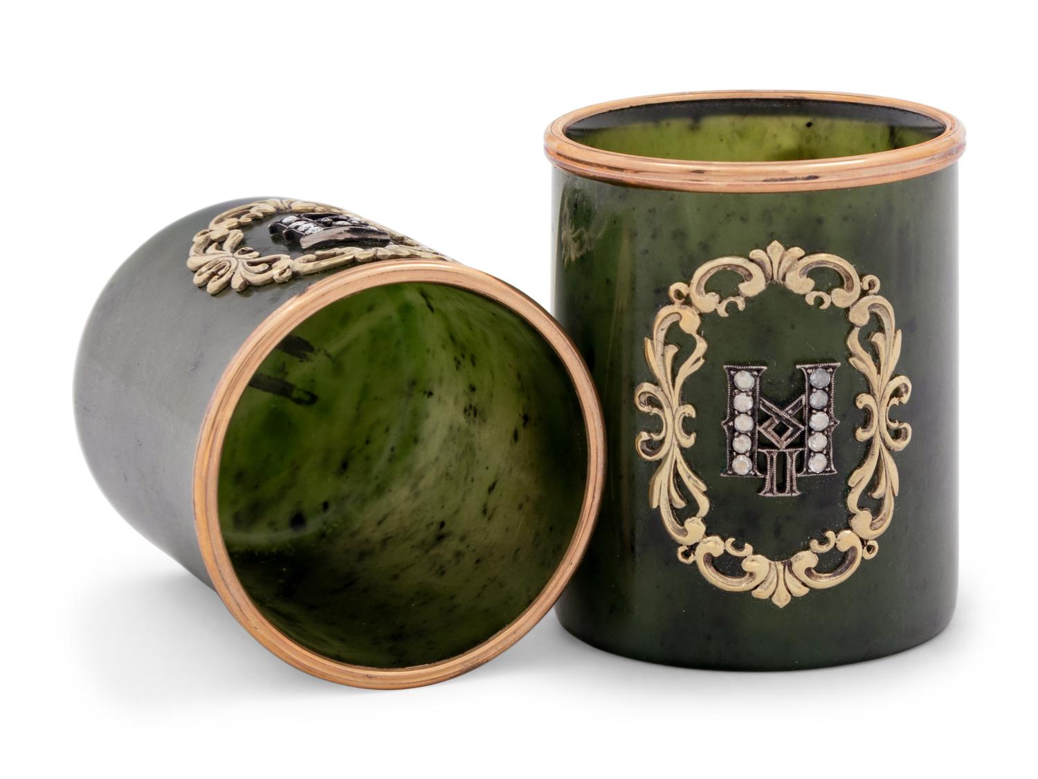 A Pair of Russian 14-Karat Gold and Diamond Mounted Jade Cordials
