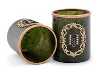 A Pair of Russian 14-Karat Gold and Diamond Mounted Jade Cordials