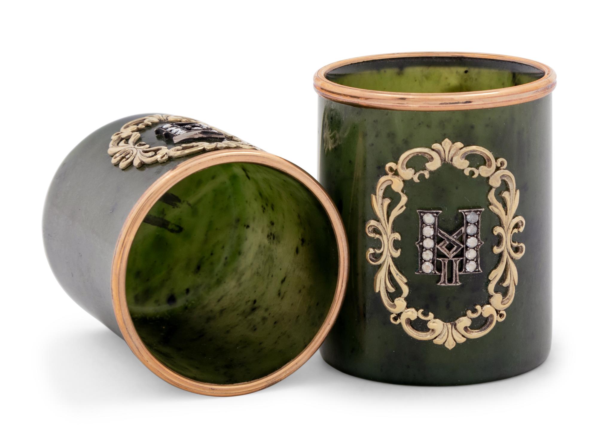 A Pair of Russian 14-Karat Gold and Diamond Mounted Jade Cordials
