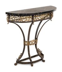 A Continental Ebonized and Parcel Gilt Metal Marble-Top Console Table and Mirror