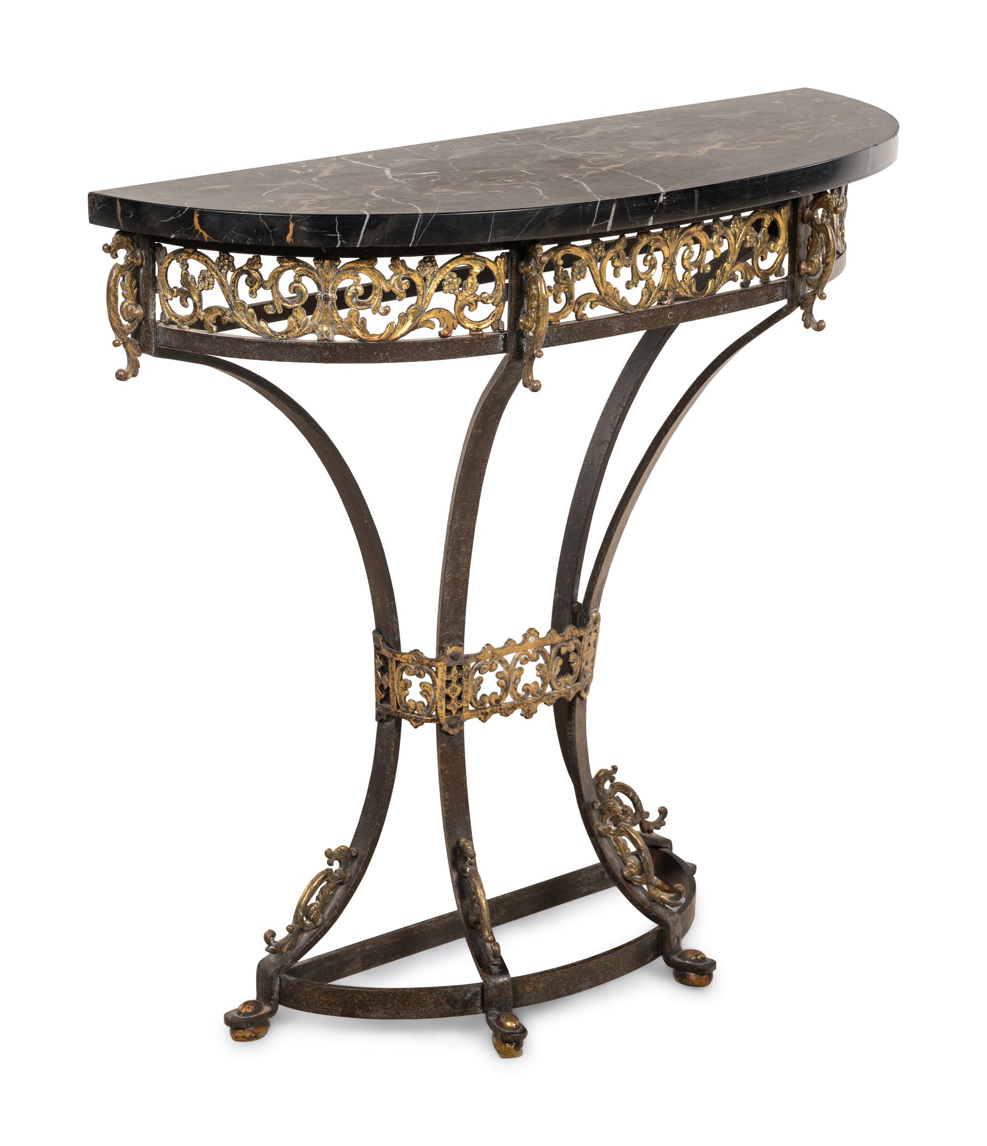 A Continental Ebonized and Parcel Gilt Metal Marble-Top Console Table and Mirror