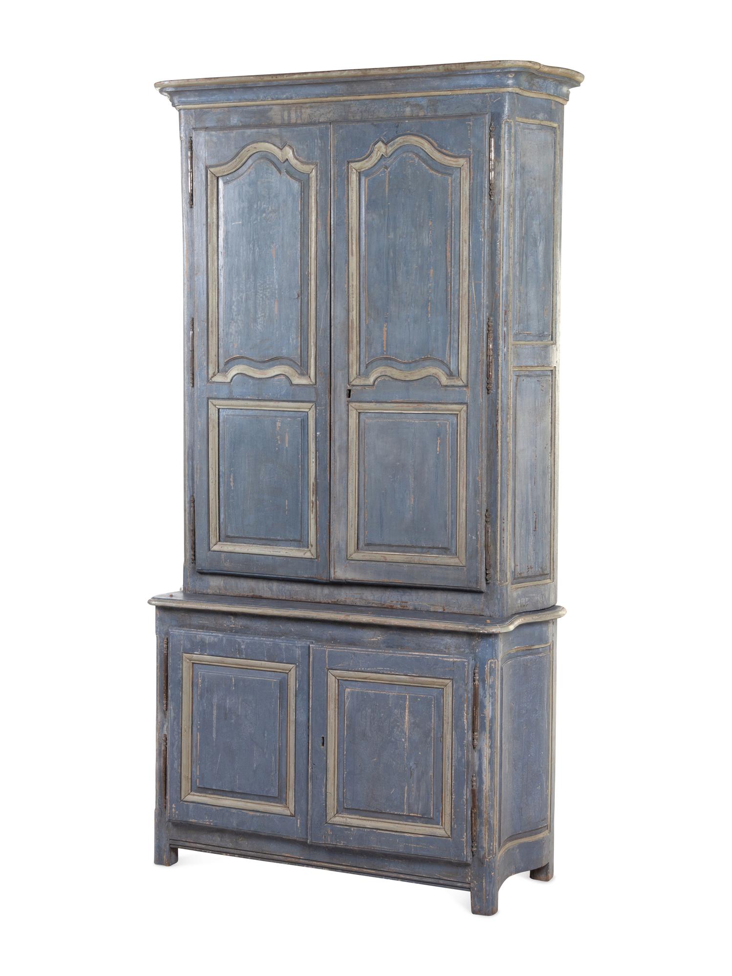 A French Blue-Painted Two-Part Cabinet