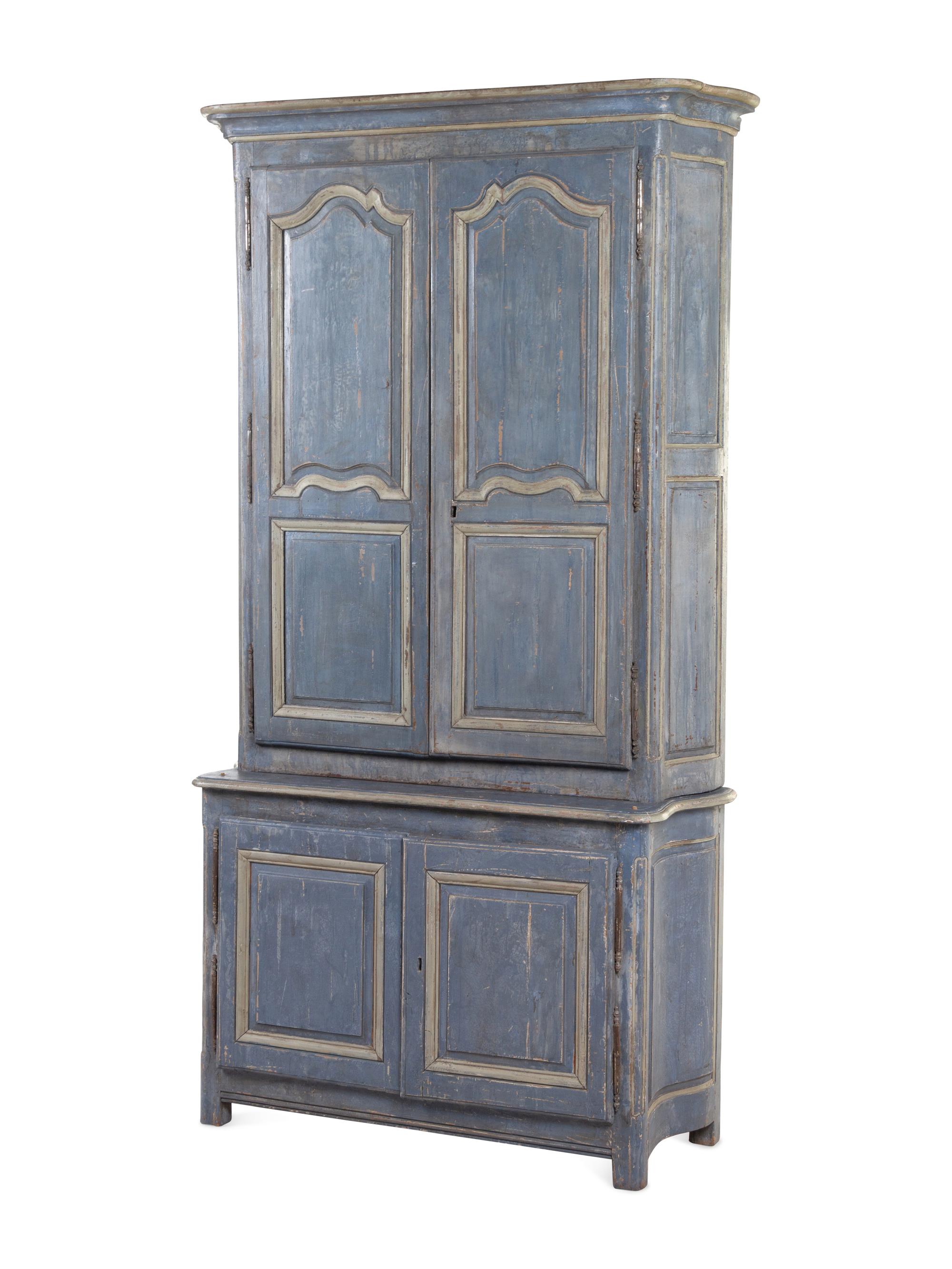 A French Blue-Painted Two-Part Cabinet