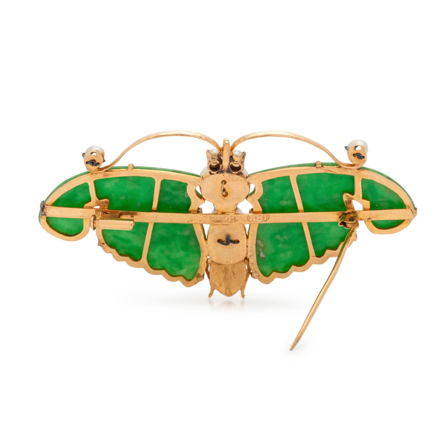 JADE AND CULTURED PEARL BUTTERFLY BROOCH