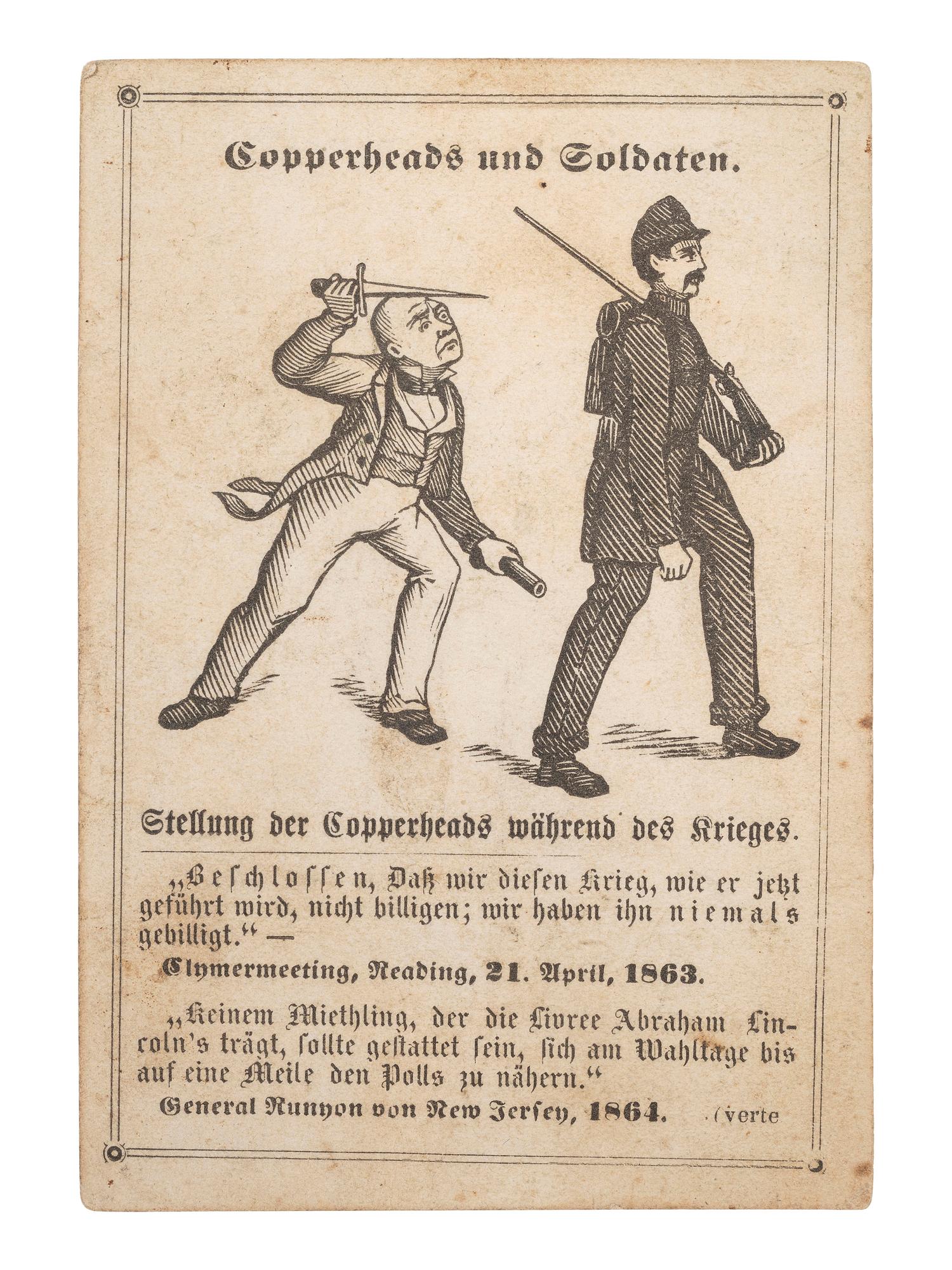 [CIVIL WAR]. German political cartoon lambasting Copperheads. Copperheads und Soldaten [Copperheads and Soldiers]. Philadelphia: King & Baird, ca 1860s.