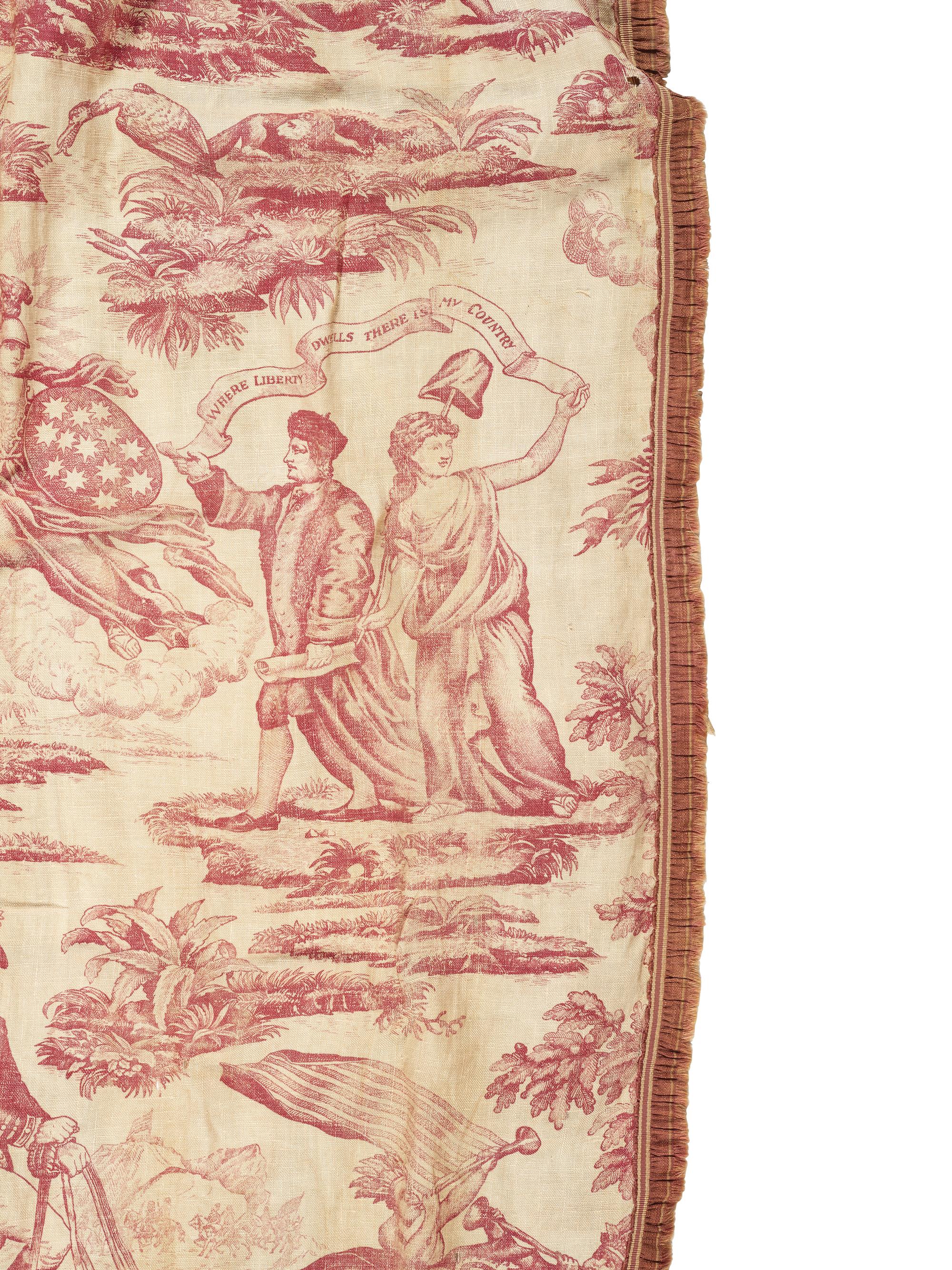 [FLAGS & TEXTILES]. "Apotheosis of Franklin" textile, including Benjamin Franklin and George Washington. English, ca late 18th century.