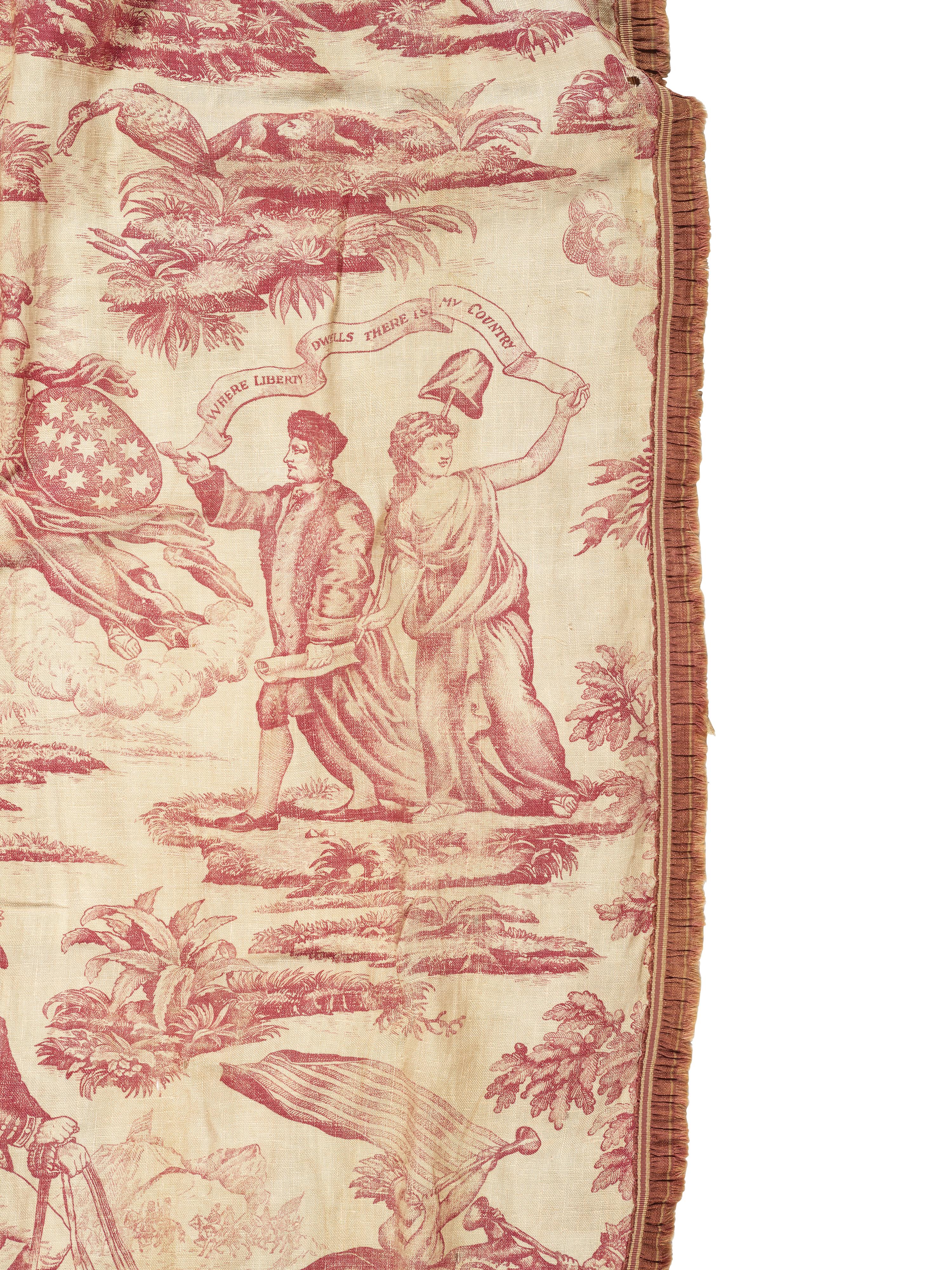 [FLAGS & TEXTILES]. "Apotheosis of Franklin" textile, including Benjamin Franklin and George Washington. English, ca late 18th century.
