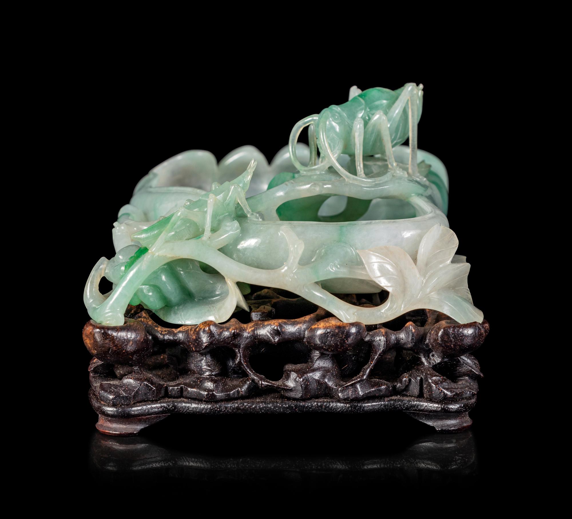 An Apple Green and White Jadeite 'Buddha's Hand Citron and Insects' Brush Washer