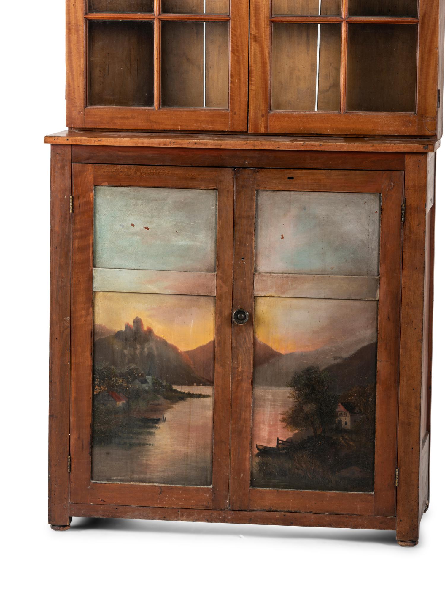 A Paint Decorated Cherry Step-Back Cupboard