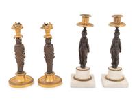 Two Pairs of French Gilt and Patinated Bronze Figural Candlesticks
