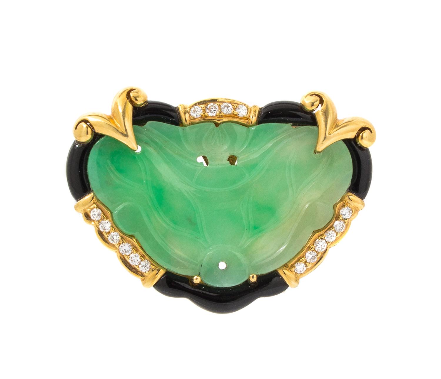 An 18 Karat Yellow Gold, Jadeite Jade, Onyx and Diamond Pendant/Enhancer, 7.40 dwts.