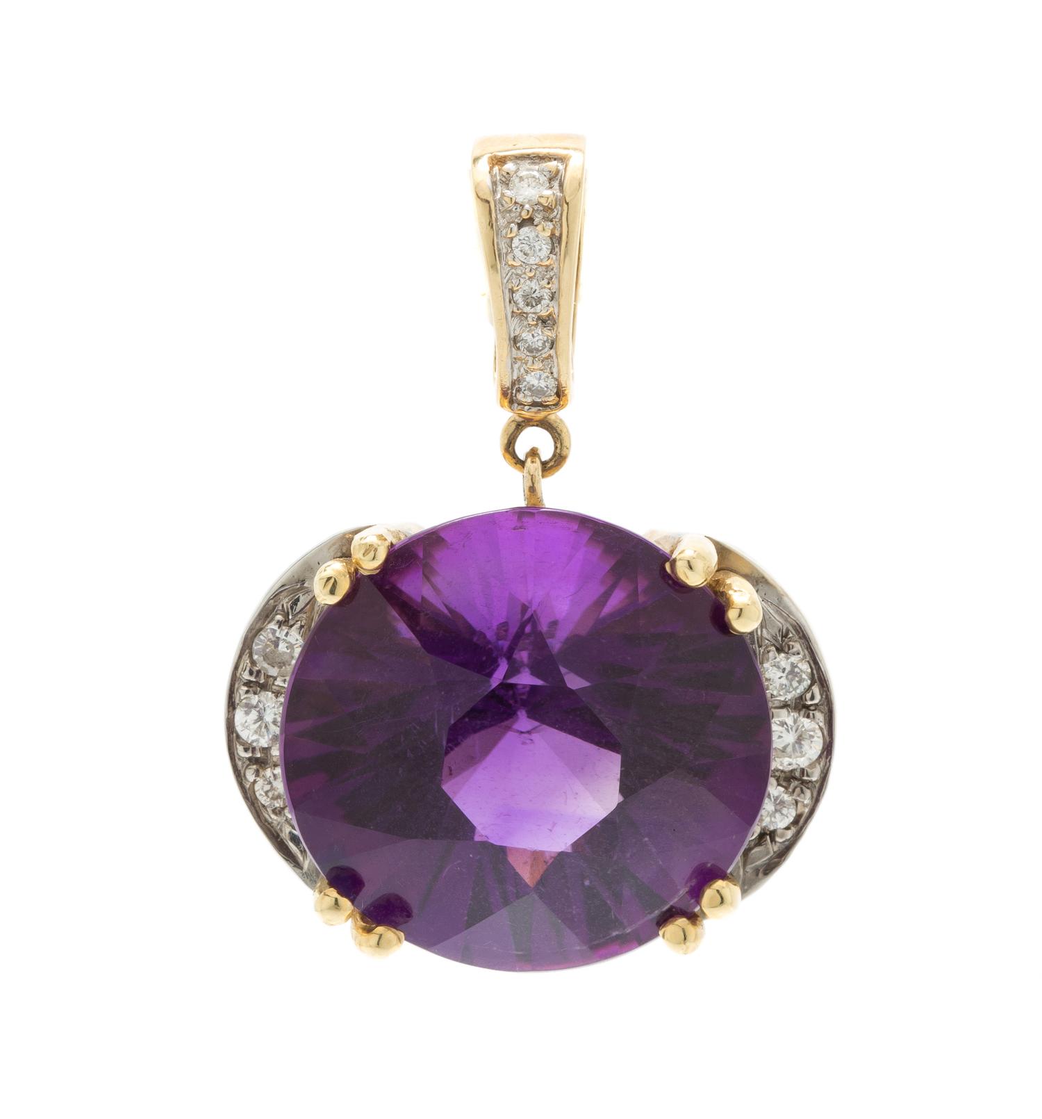 A 14 Karat Yellow Gold, Amethyst and Diamond Pendant, 13.10 dwts.