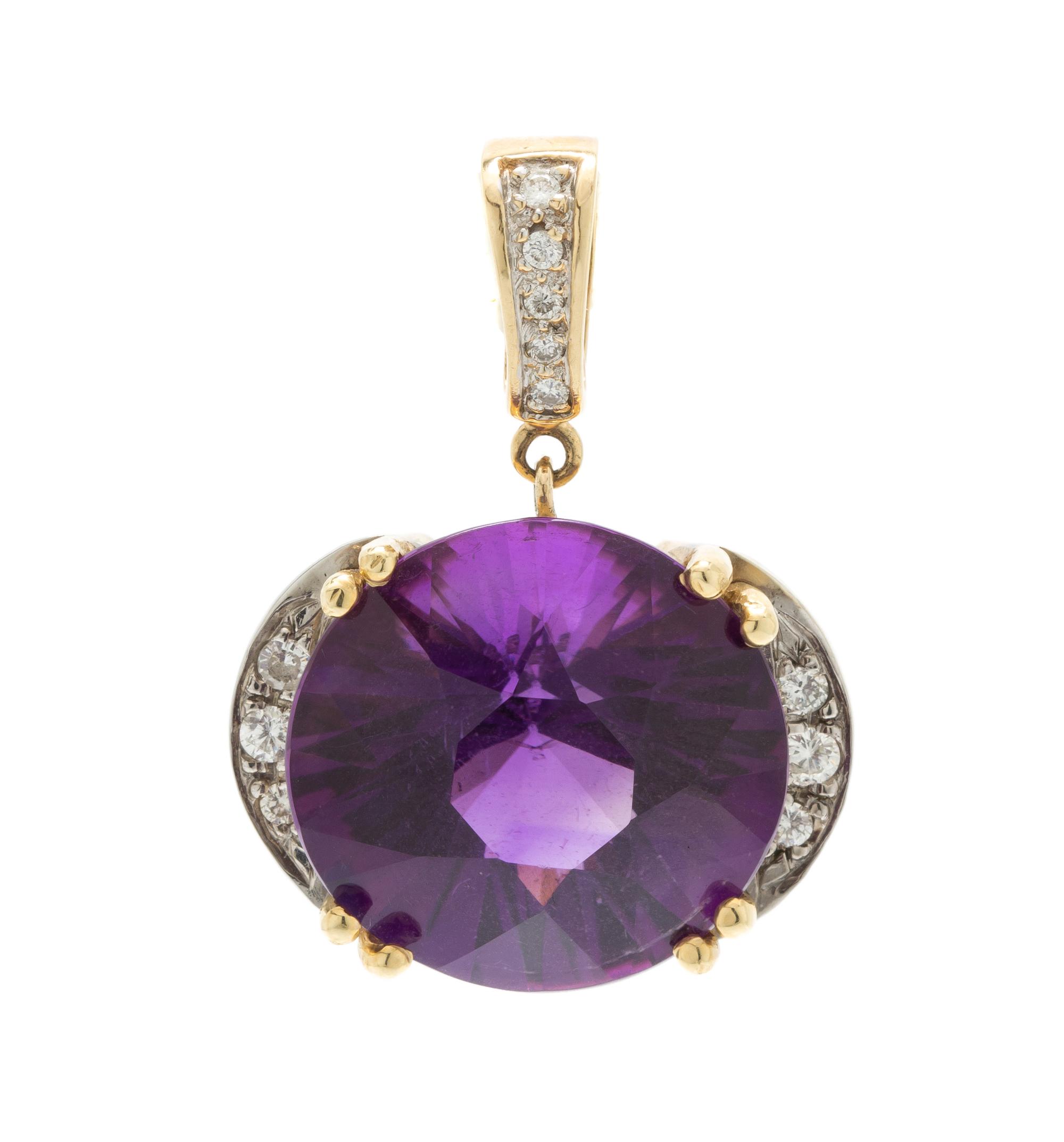 A 14 Karat Yellow Gold, Amethyst and Diamond Pendant, 13.10 dwts.