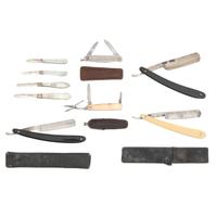 Lot of 9 British Pocket Knives and Straight Razors Including: Taylor, Wade Wingfield, and Sheffield Makers