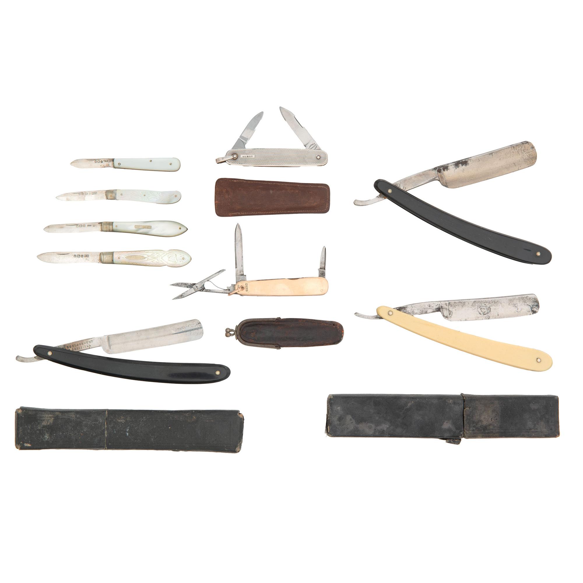 Lot of 9 British Pocket Knives and Straight Razors Including: Taylor, Wade Wingfield, and Sheffield Makers