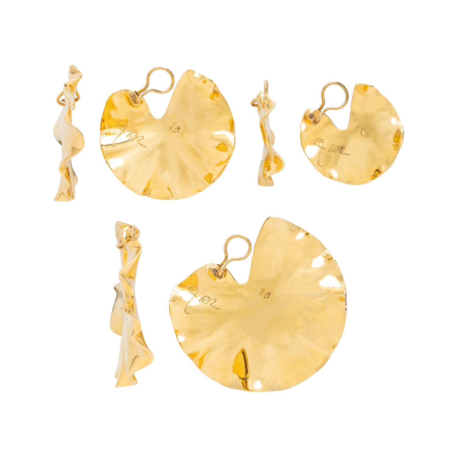 JAR, THREE PAIRS OF ALUMINUM 'LILY PAD' EARRINGS