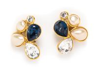 A Chanel Crystal and Faux Pearl Brooch and Earclip Set, Brooch 3", earclips 1.75".