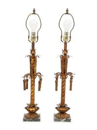 A Pair of Gilt Metal Palm Tree Table Lamps