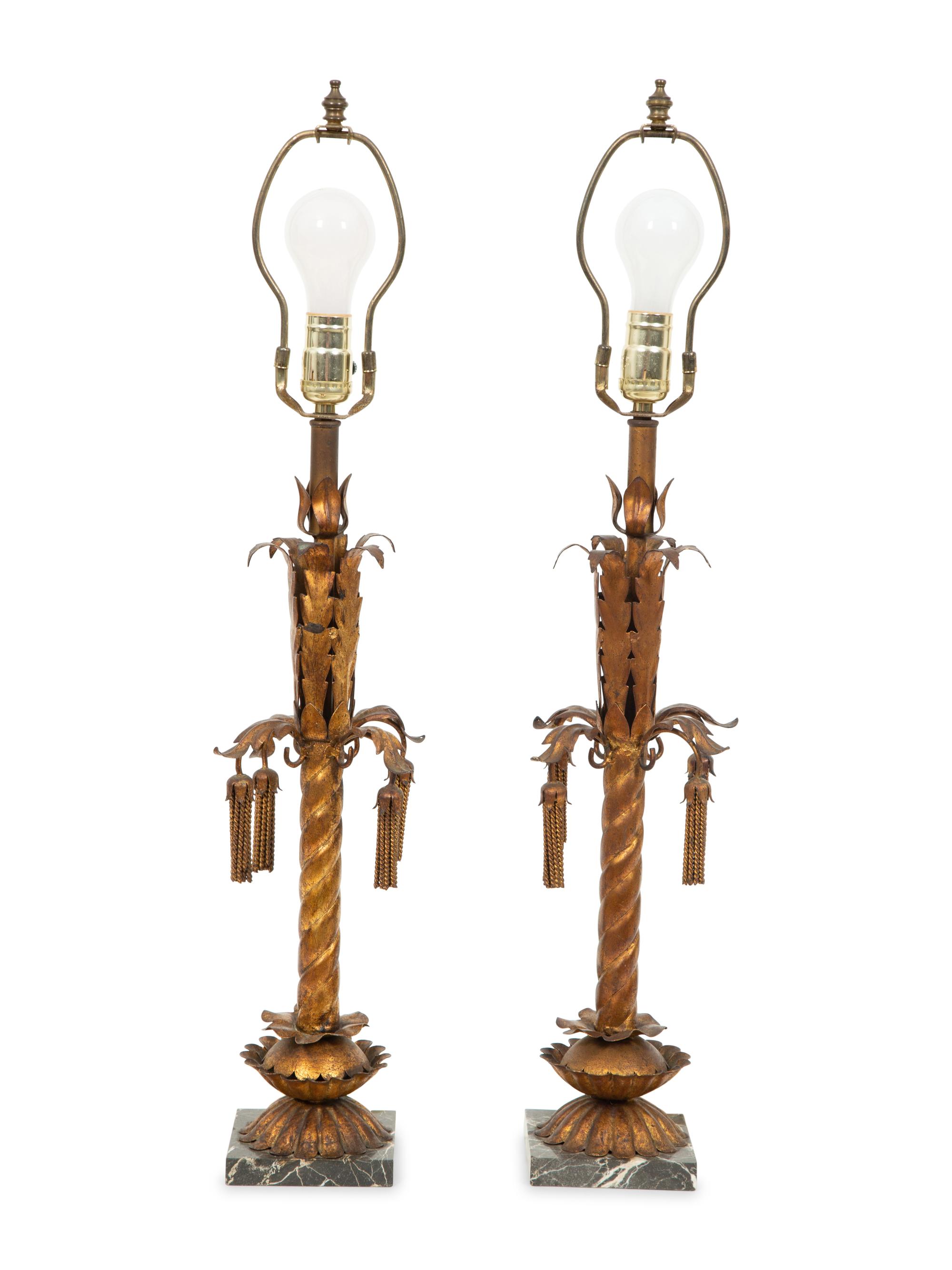 A Pair of Gilt Metal Palm Tree Table Lamps