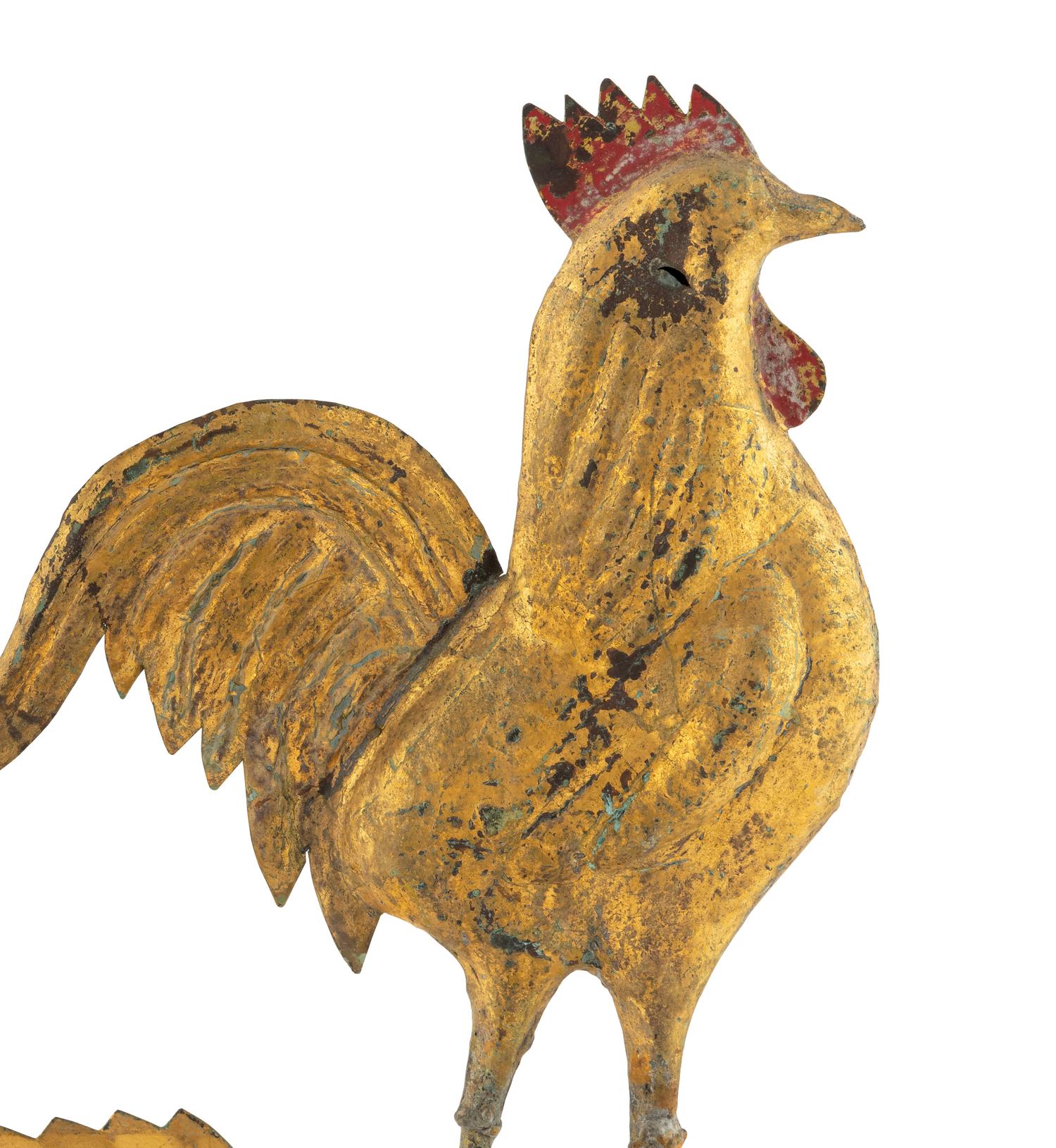 A Gilt and Red Painted Molded Copper Rooster Weathervane