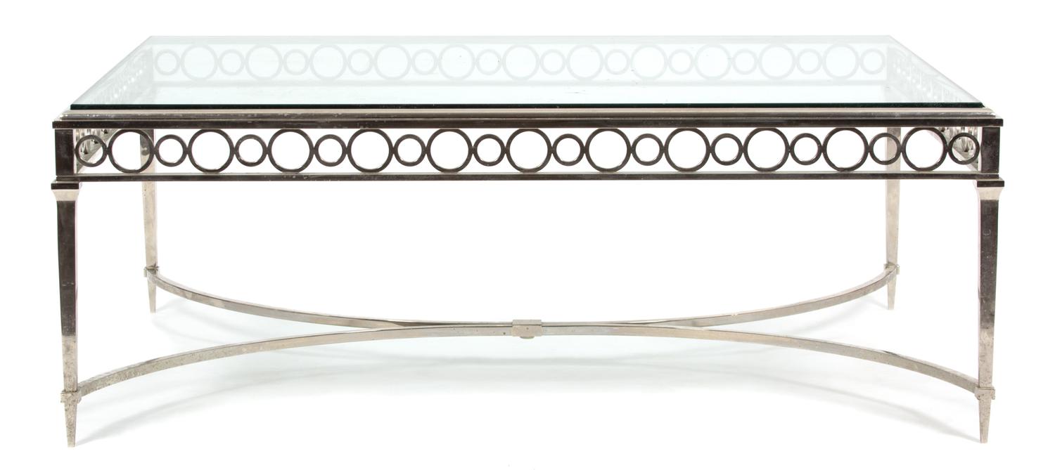 A Neoclassical Style Glass Top Metal Coffee Table Height 19 x width 50 1/2 x depth 38 inches. — 20TH CENTURY