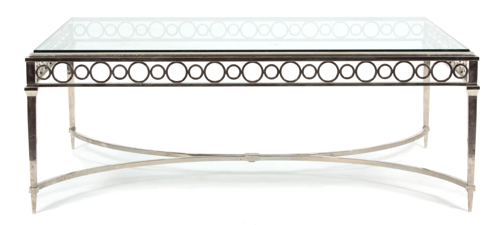 A Neoclassical Style Glass Top Metal Coffee Table Height 19 x width 50 1/2 x depth 38 inches. — 20TH CENTURY