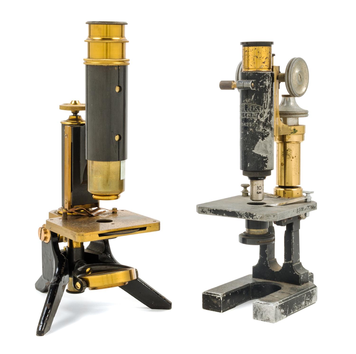 Two Brass and Black Lacquered Microscope Height of taller 9 3/4 inches. — CARL ZEISS AND OTHER