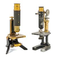 Two Brass and Black Lacquered Microscope Height of taller 9 3/4 inches. — CARL ZEISS AND OTHER