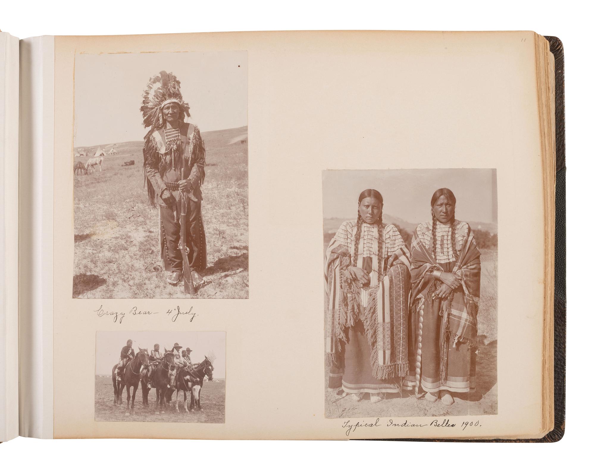 Exceptional album containing photographs of Pine Ridge Reservation and its surroundings, incl. Native American subjects, Indian schools, ceremonies, camp life, and Wounded Knee. Ca late 1890s-early 1900s.