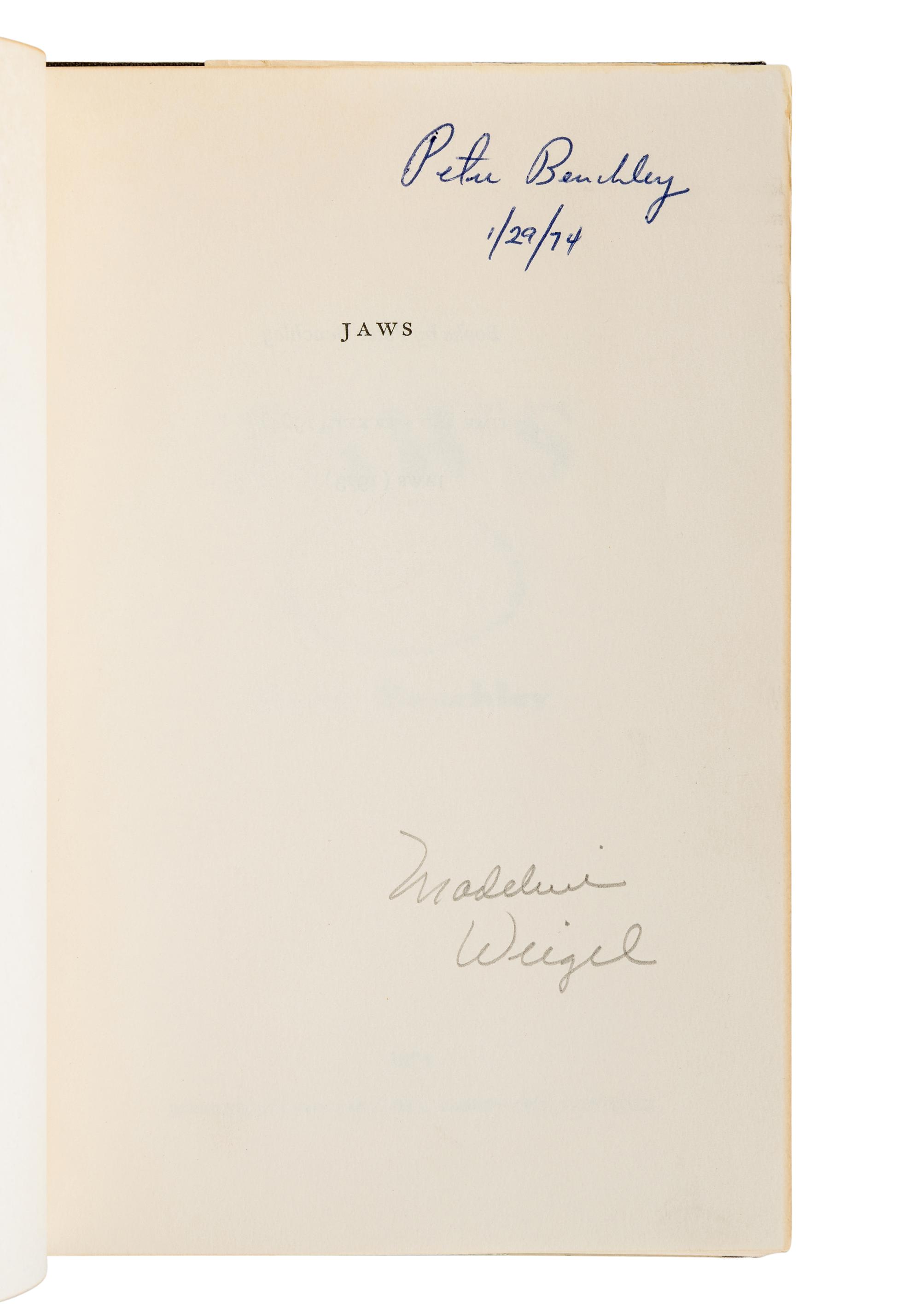 BENCHLEY, Peter (1940-2006). Jaws . Garden City, NY: Doubleday & Company, Inc., 1974.