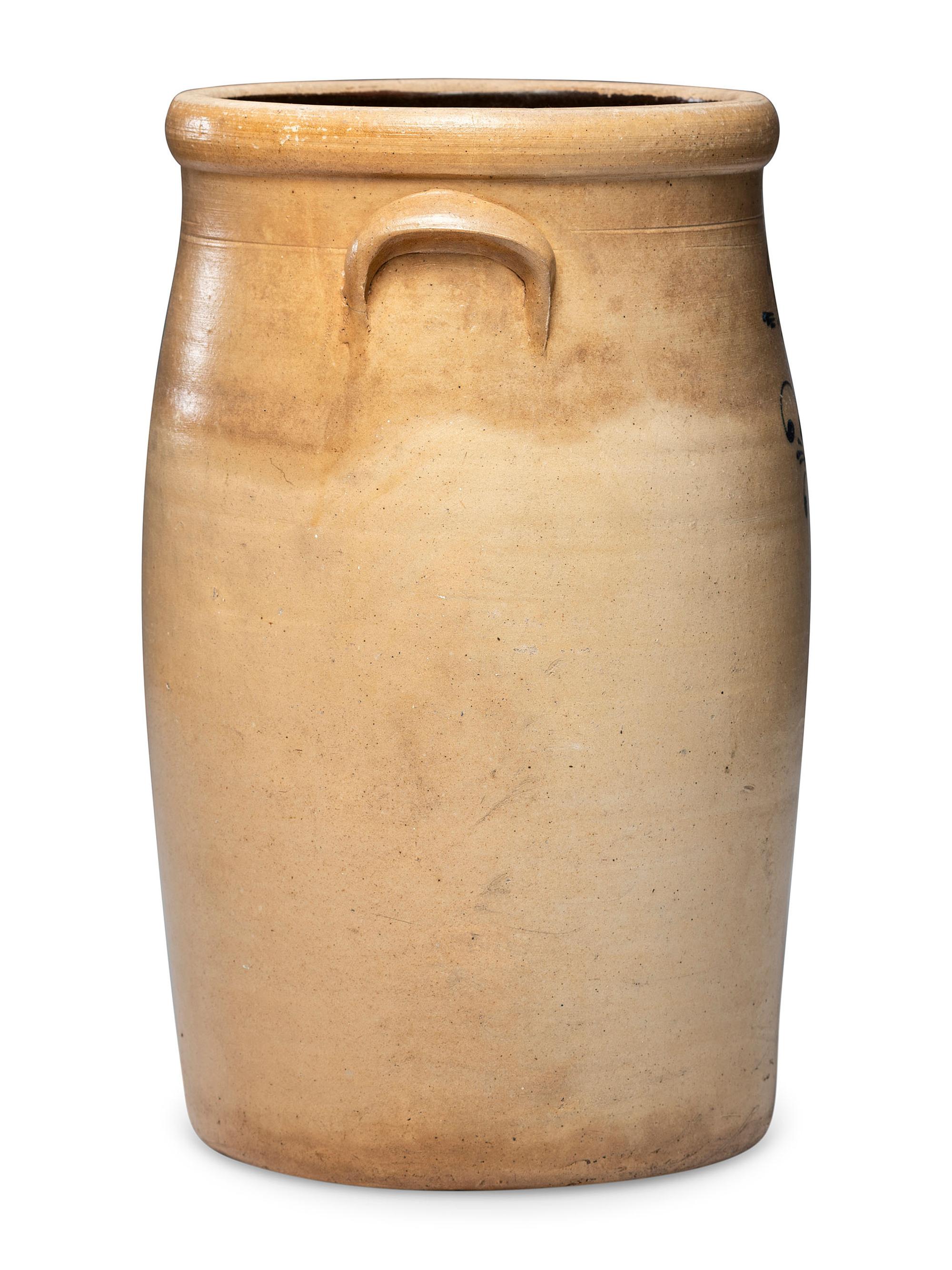 An O. O. Wright, Daniel Upson, and Edgar Chapman Five-Gallon Cobalt Decorated Stoneware Churn